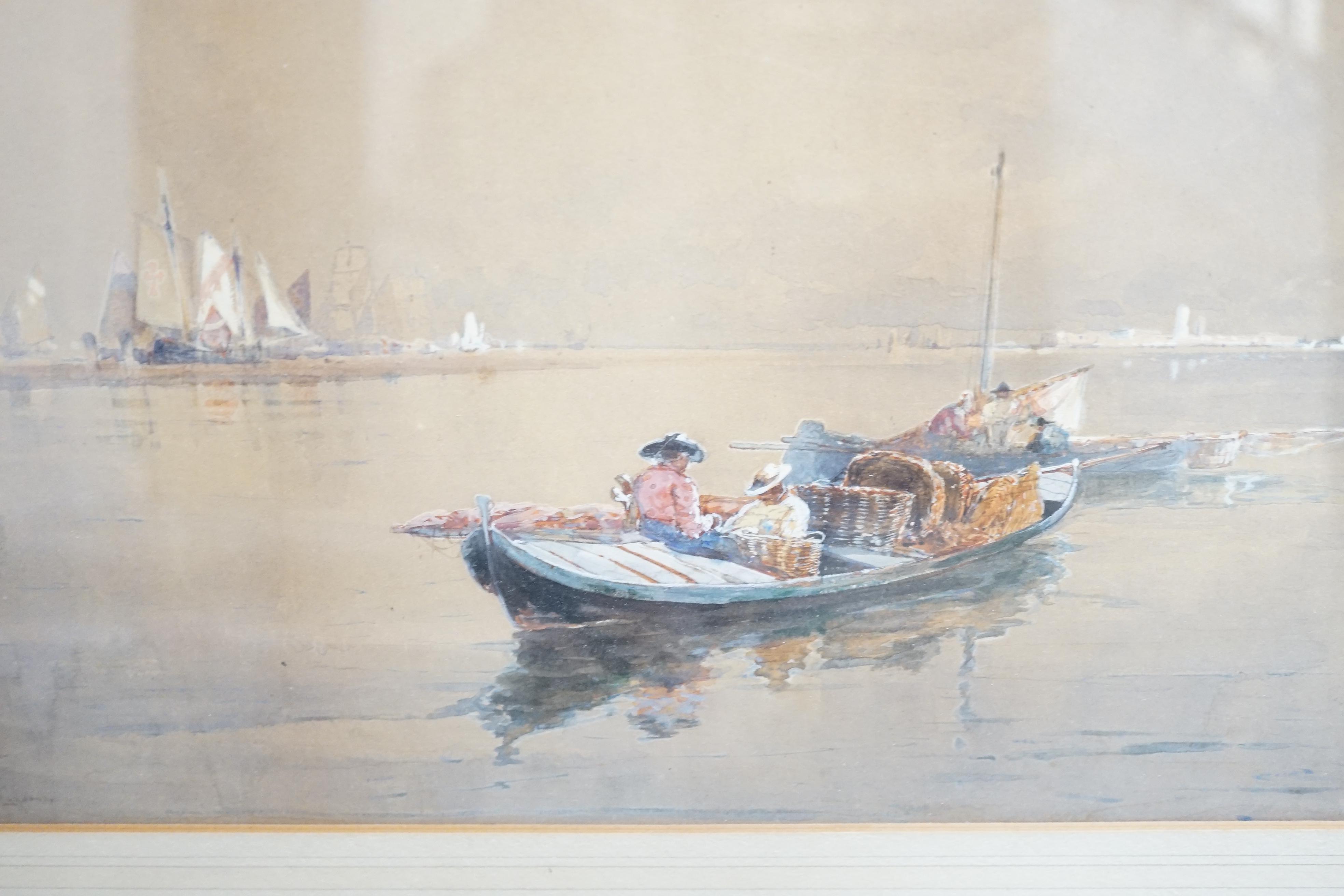 Thomas Bush Hardy (1842-1897), heightened watercolour, Boats at sea, signed, 27 x 42cm. Condition - poor, discolouration and staining to the paper commensurate with age
